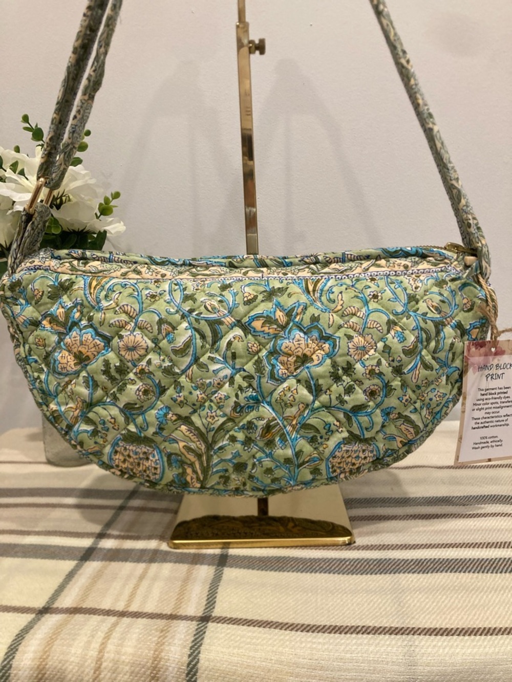 POL Quilted Floral Shoulder Bag in Sage and Blue